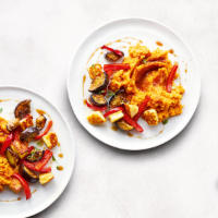 essential Waitrose halloumi, pepper & aubergines with sweet potato mash